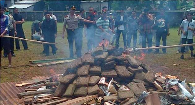 Polícia indonésia queima 3,3 toneladas de maconha e enfumaça toda uma cidade